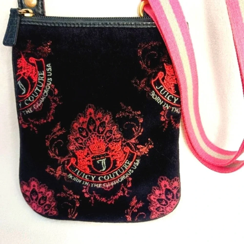 Juicy Couture Crossbody BLACK VELVET Shoulder Bag Purse Adjustable EMBROIDERED