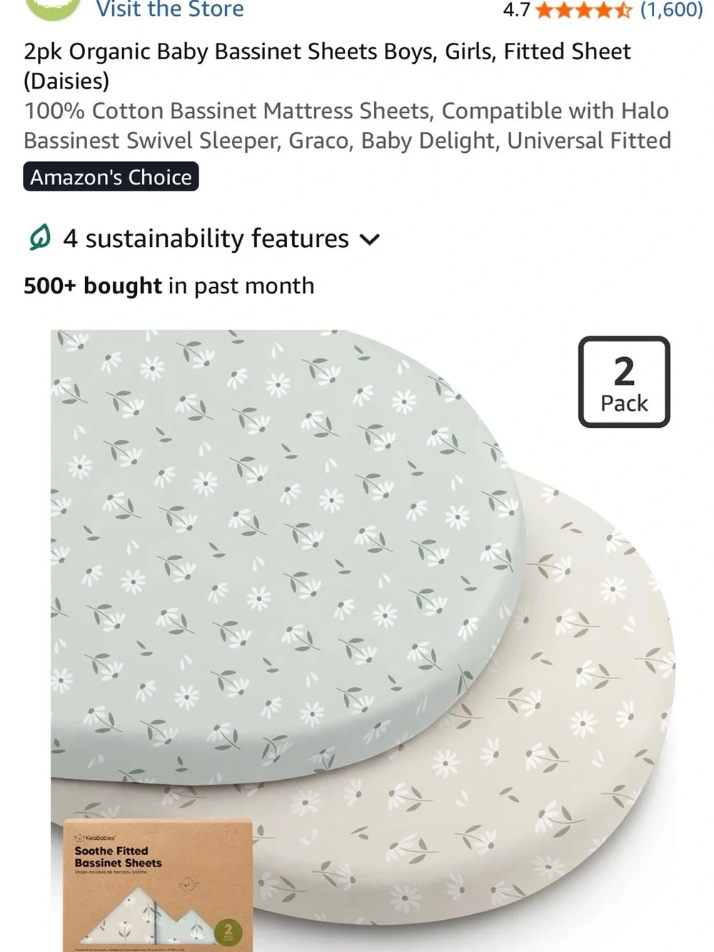 Organic Daisy Bassinet Fitted Sheets - Sage Green & Soft Cream (2-Pack)