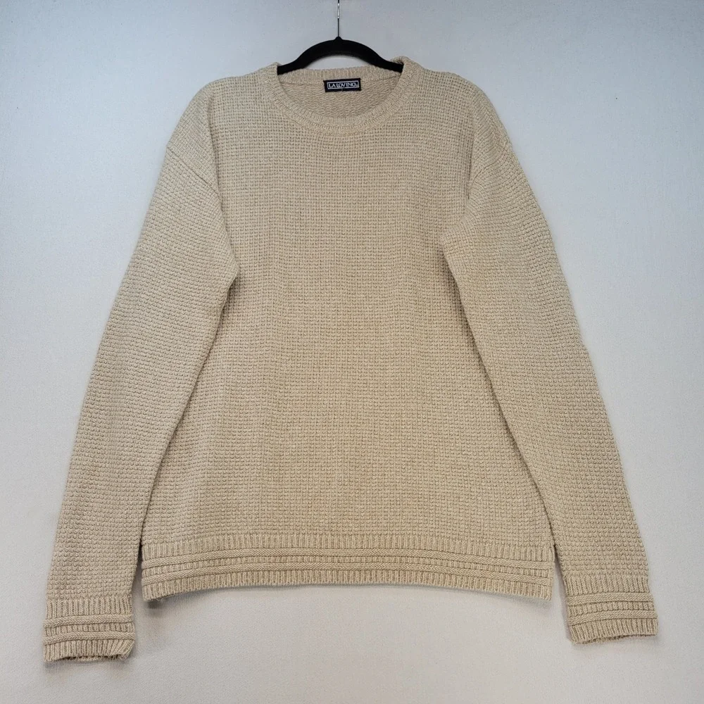 LA LOVING Sweater Vintage Mens L Beige Waffle Knit Crewneck Long Sleeve Pullover