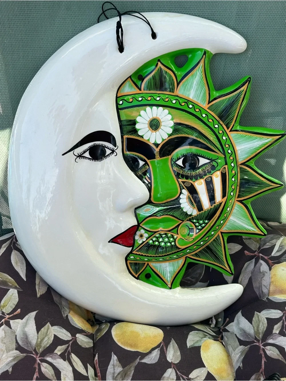 Huge folk art plaque is a hand-painted ceramic 