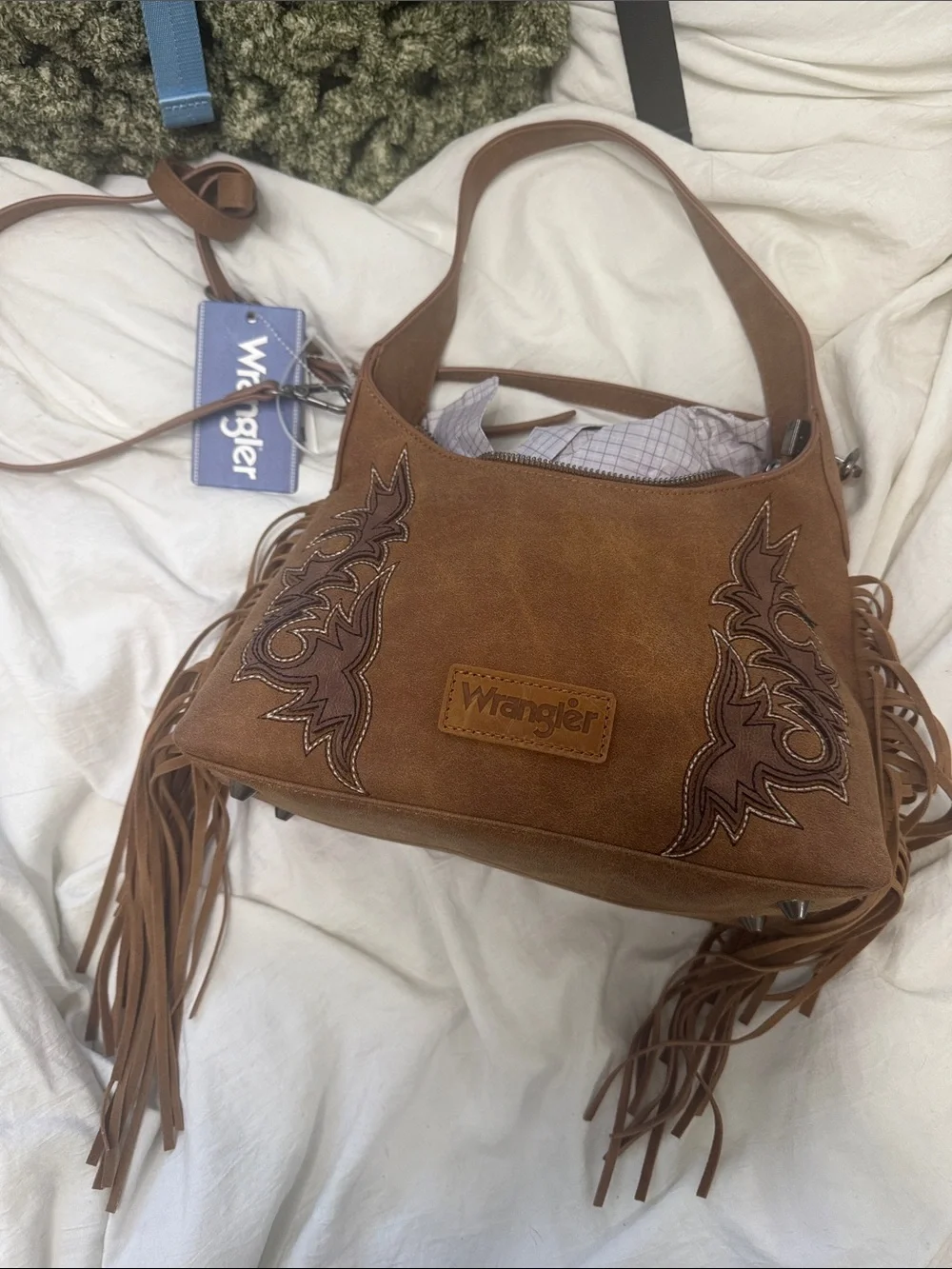 Wrangler Tan Leather Fringe Shoulder Bag with Embroidered Panels
