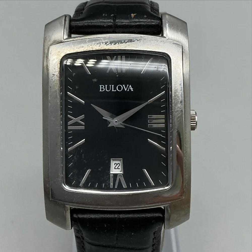 Bulova 96B269 Mens Watch 31mm Tank Silver Tone Black Leather New Battery