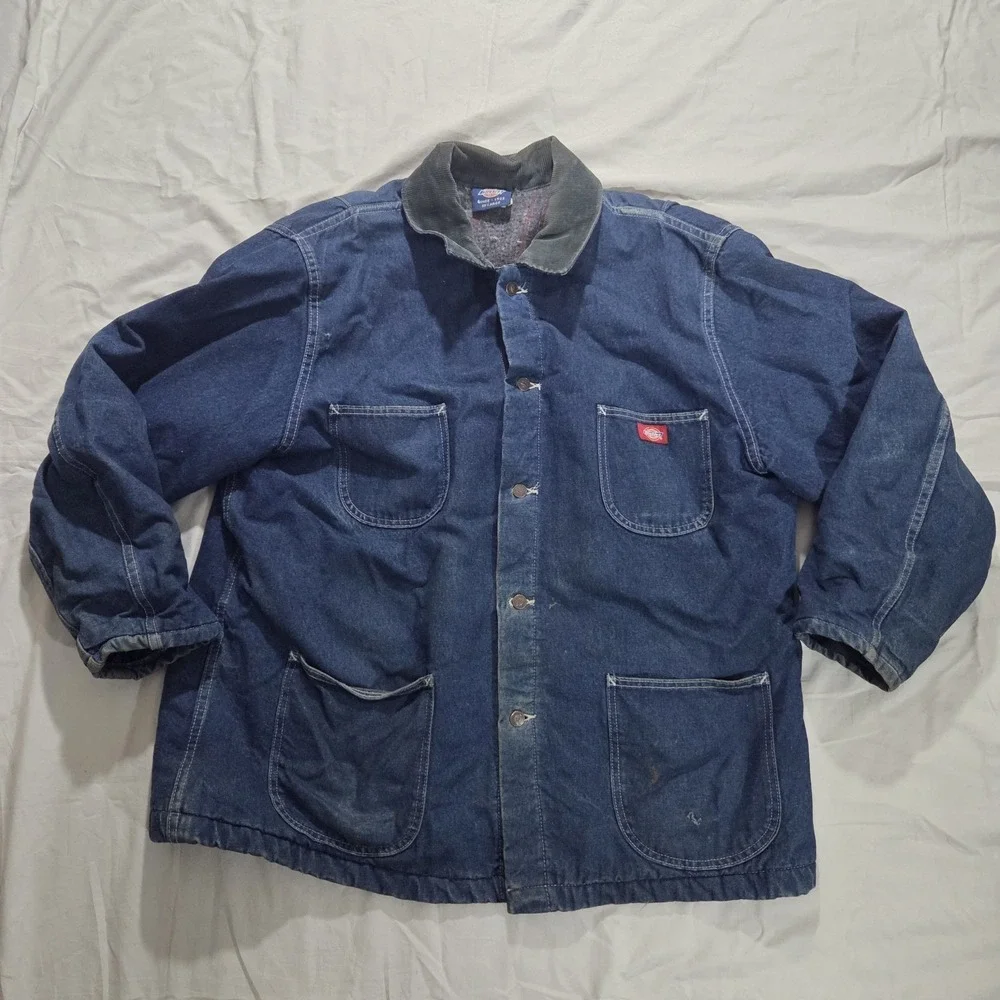 Dickies Distressed Denim Blue Chore Coat Blanket Lined Corduroy Collar Mens XXL