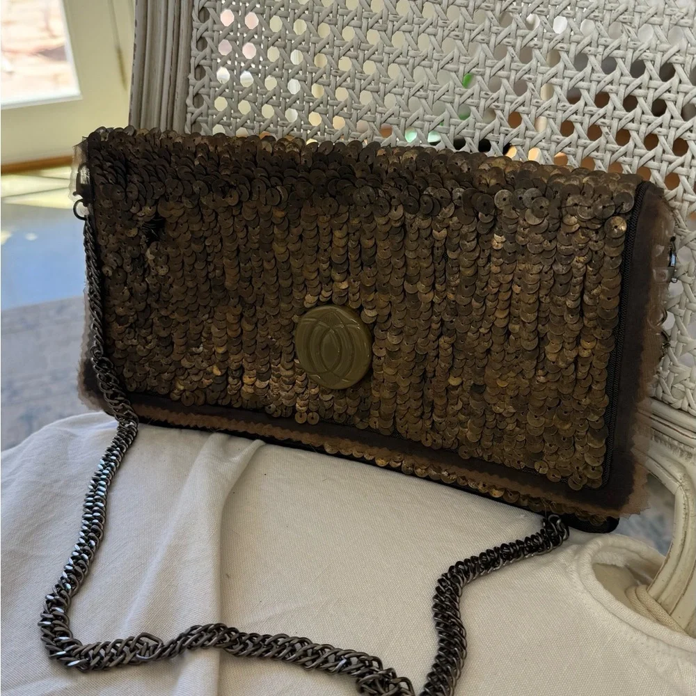 Metal Sequin Envelope Clutch with Chain Strap - Brown