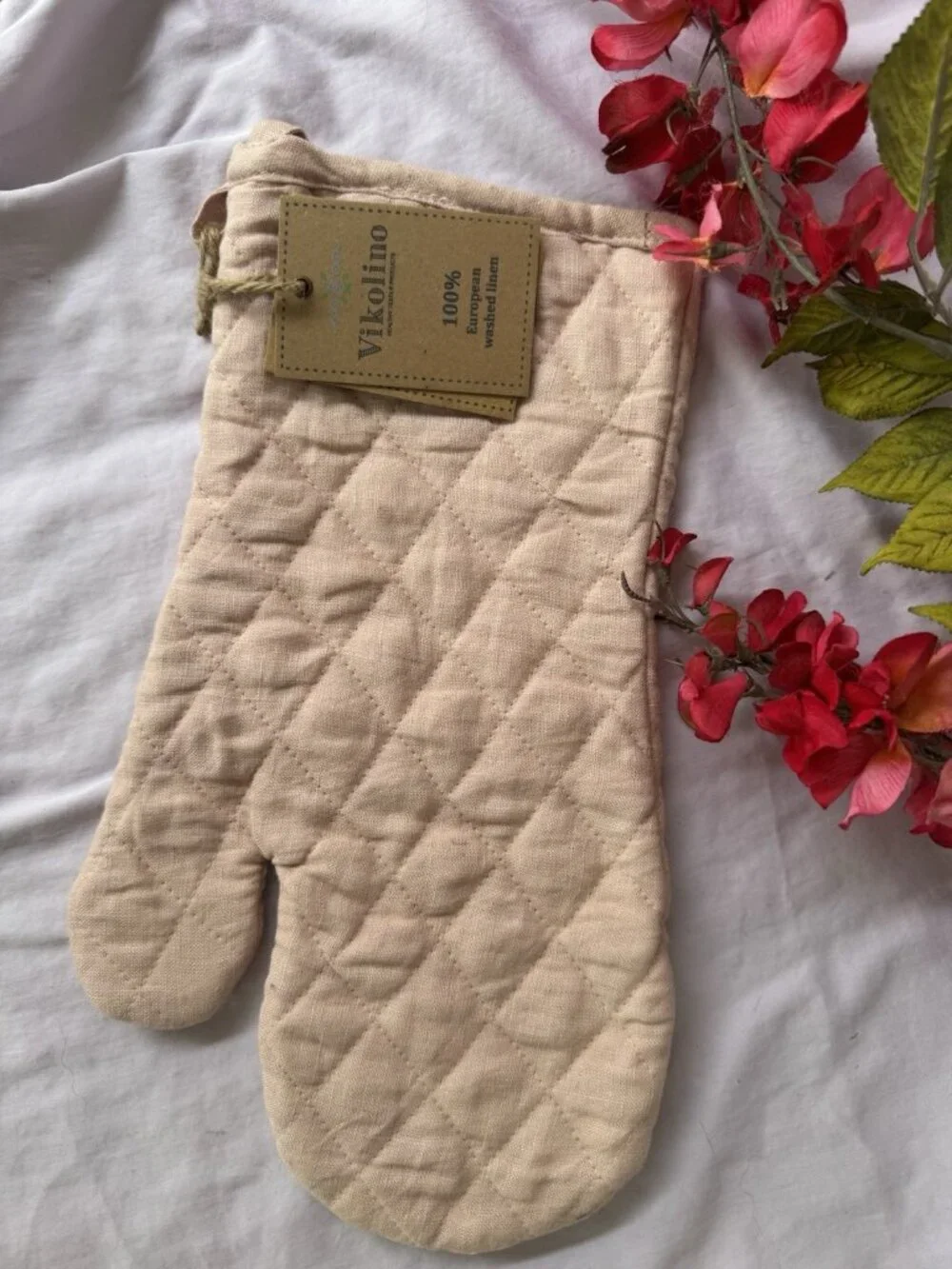 Vikolino Mauve Pink Linen Quilted Oven Glove Machine Washable 12.5