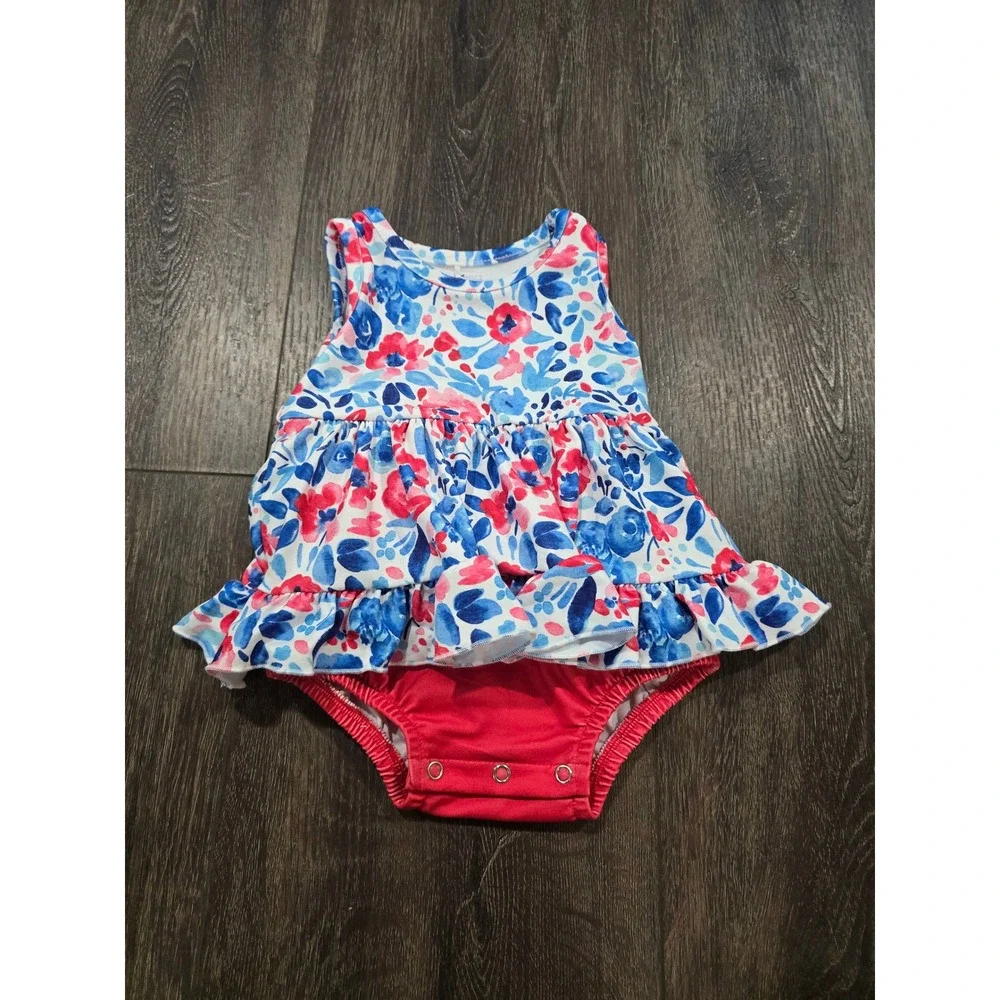 Pete + Lucy Baby Girl Floral Ruffle Romper Dress Blue Pink Red 3-6M NWT
