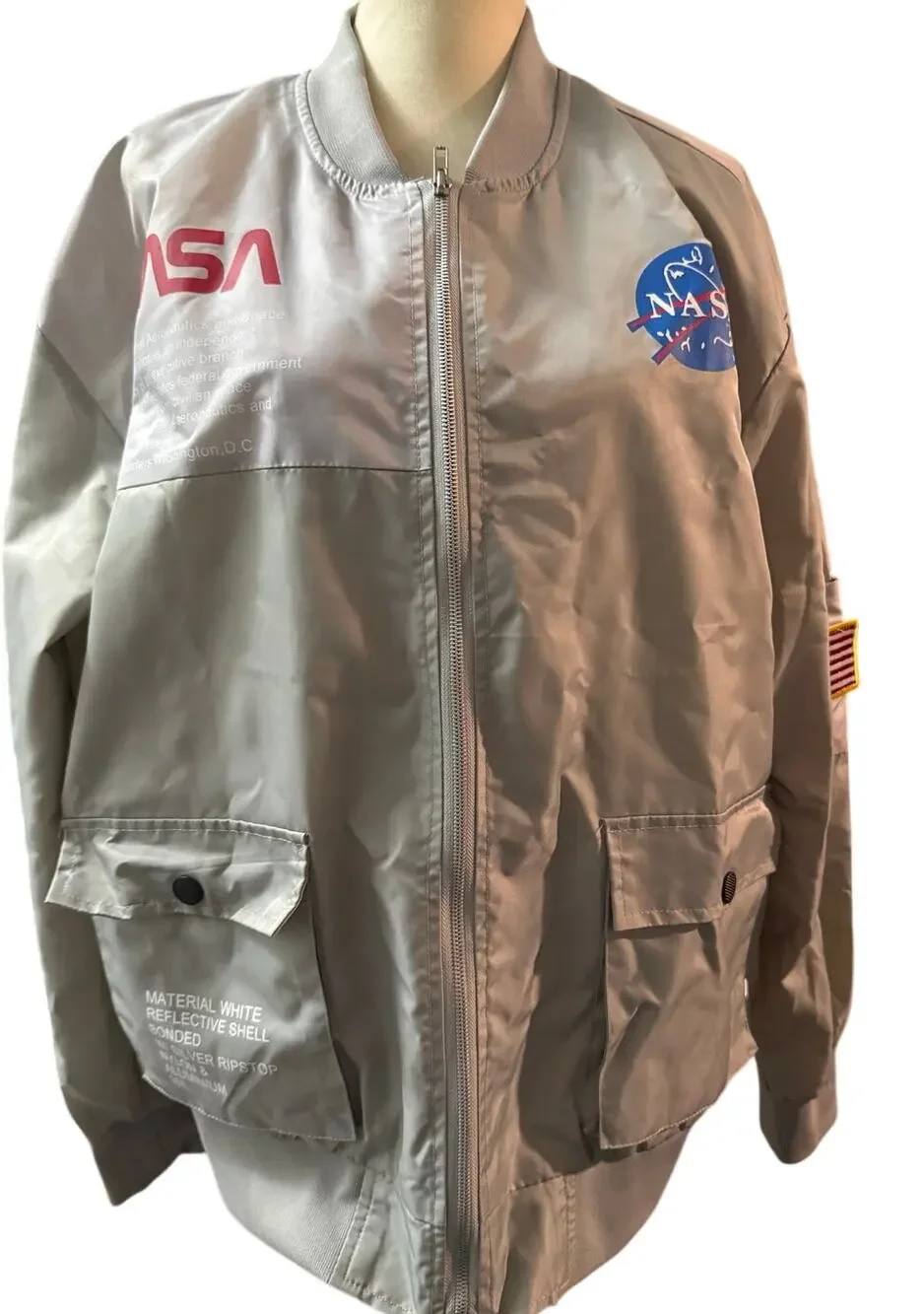 ASSTSERIES NASA Silver Reflective Techwear Aerospace Bomber Jacket, Size XL