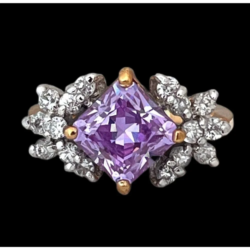 Vintage 1980s Lavender CZ Ring Size 9 Princess Cut 14KTGE Gold Plate - 14F