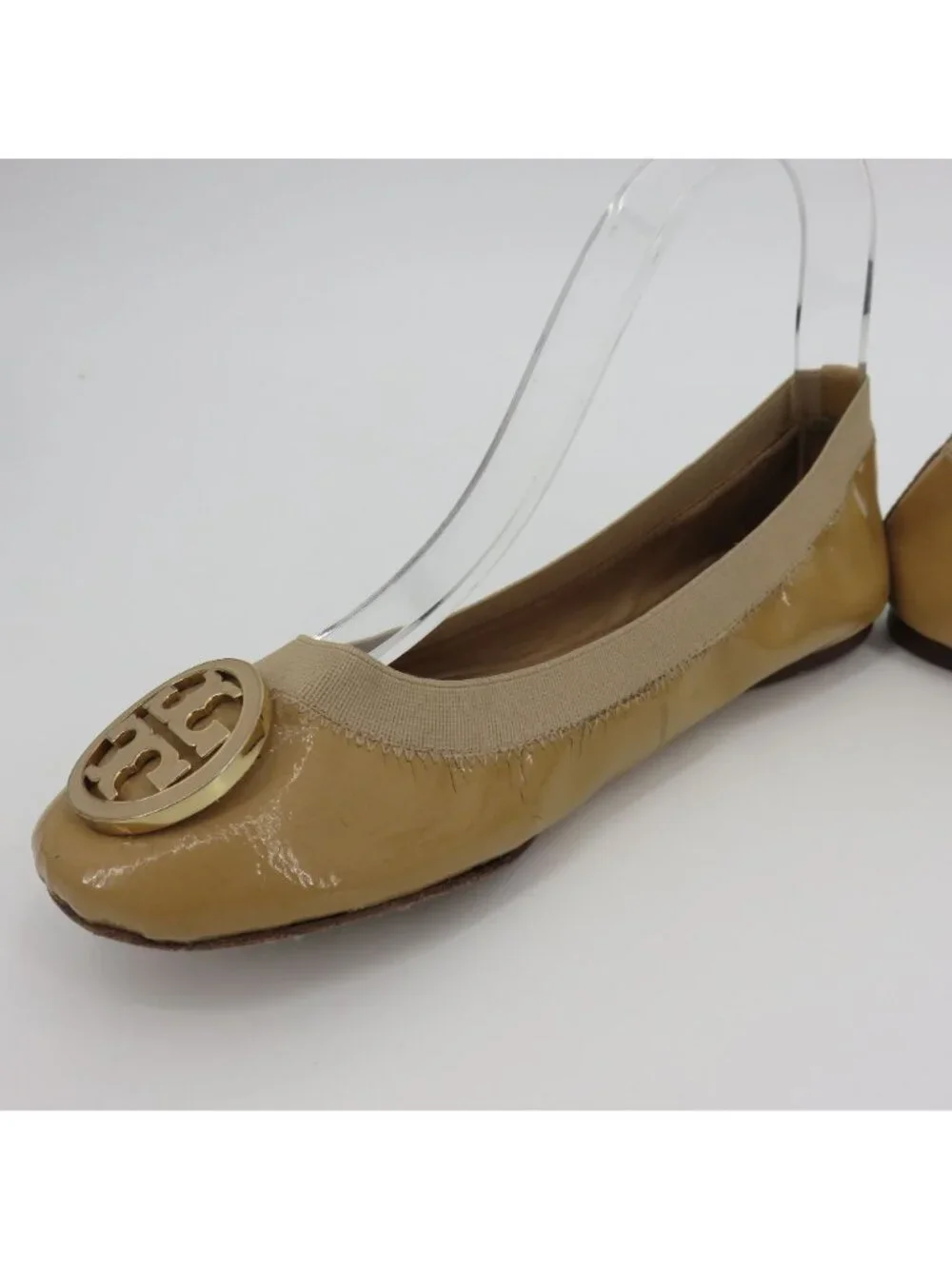Tory Burch Women 7.5 M CAROLINE Beige Patent Leather Logo Ballet Flats Shoes