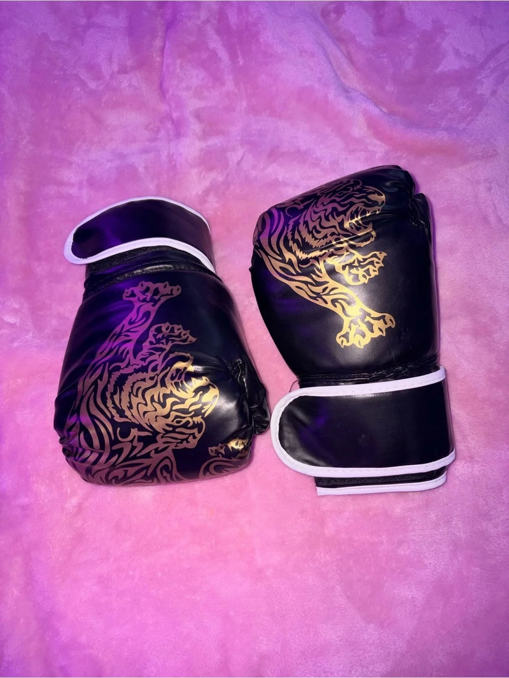 Black Boxing Gloves with Gold Tiger Graphic