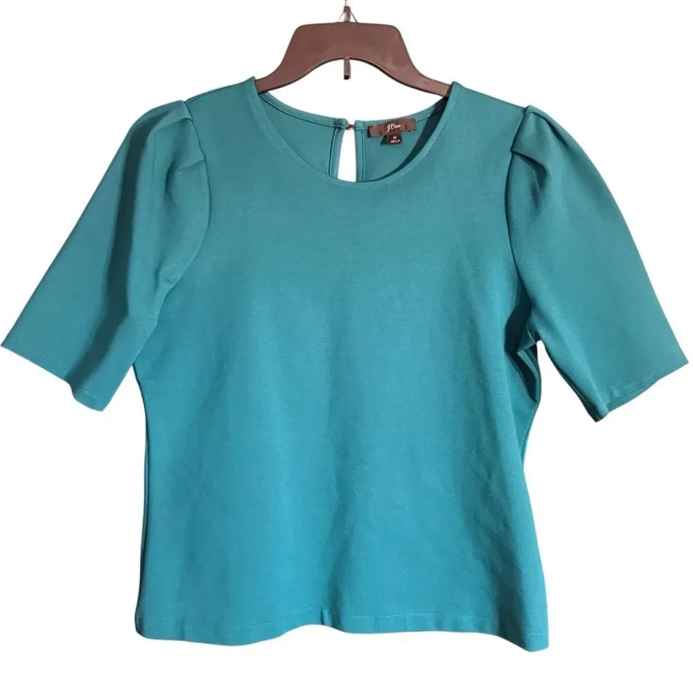J.Crew Teal Knit Ponte Puff Sleeve Women’s Top w/ Keyhole Back Size Medium