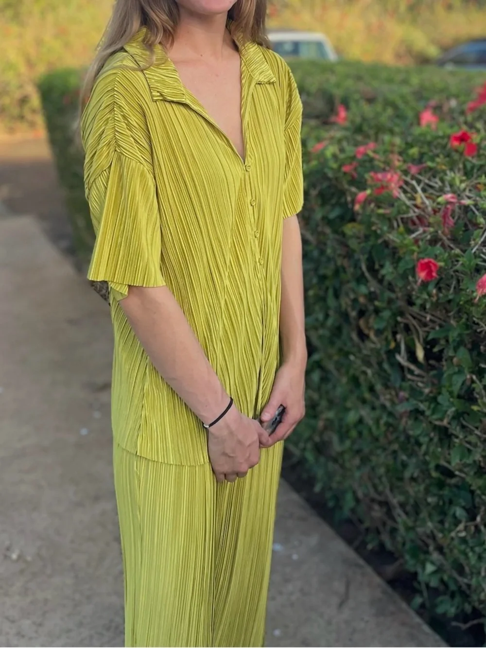 Pleated Button-Front Pajama Set in Chartreuse - Women