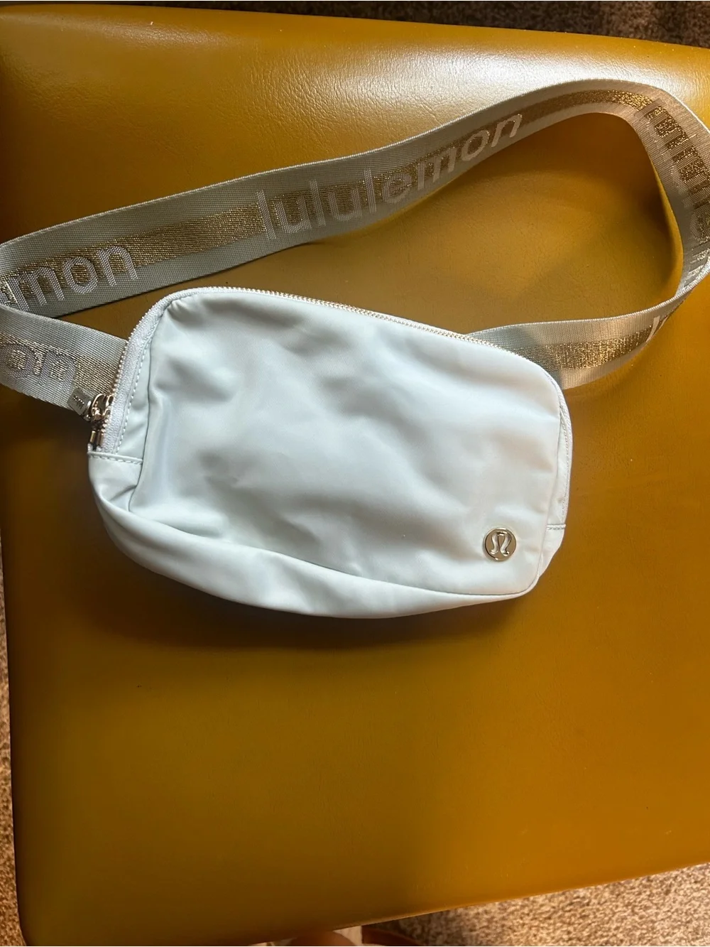 New Lululemon light blue Belt Bag with Gold Logo Strap