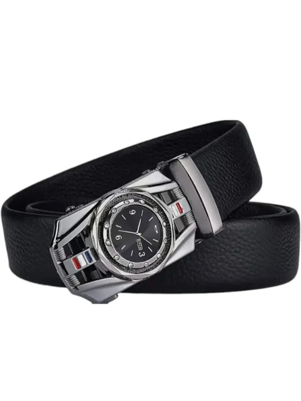 Elegant Fashion Men Belt  Dark Silver Buckle PU Leather Black Length 49 in