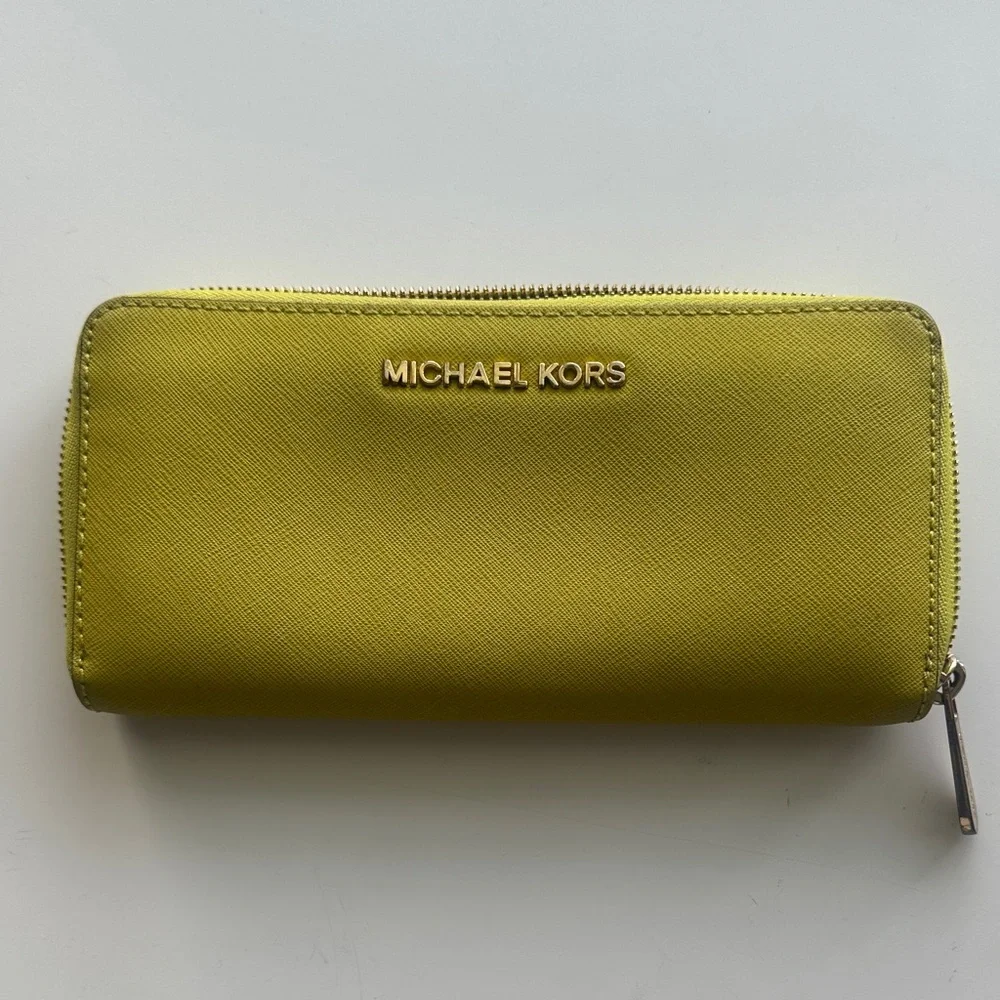 Michael Kors Lime Zip-Around Wallet with Gold Hardware