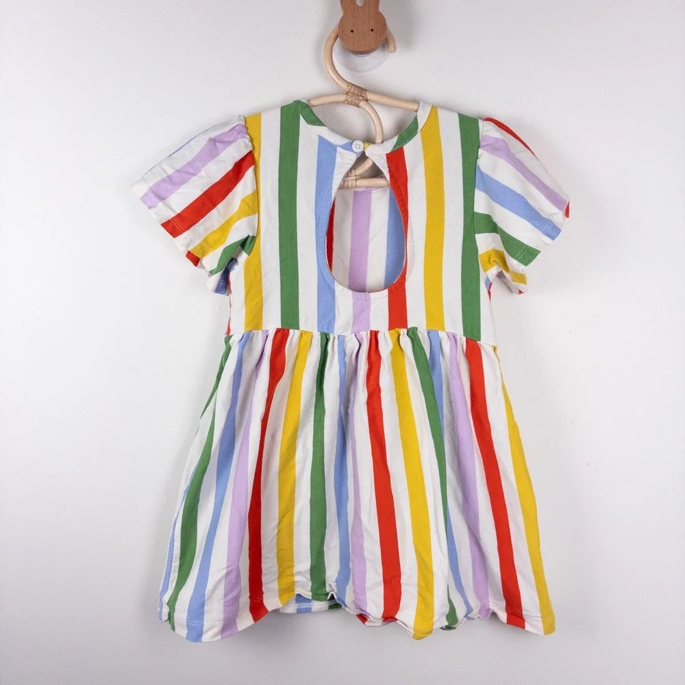 Hanna Andersson Dress Rainbow Stripe Pocket Keyhole Back Kids US 4