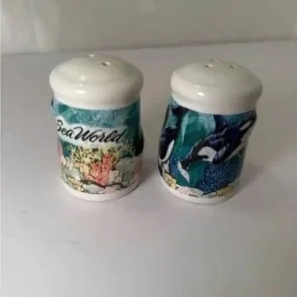 Ceramic Orca Salt and Pepper Shaker Set - Teal and White