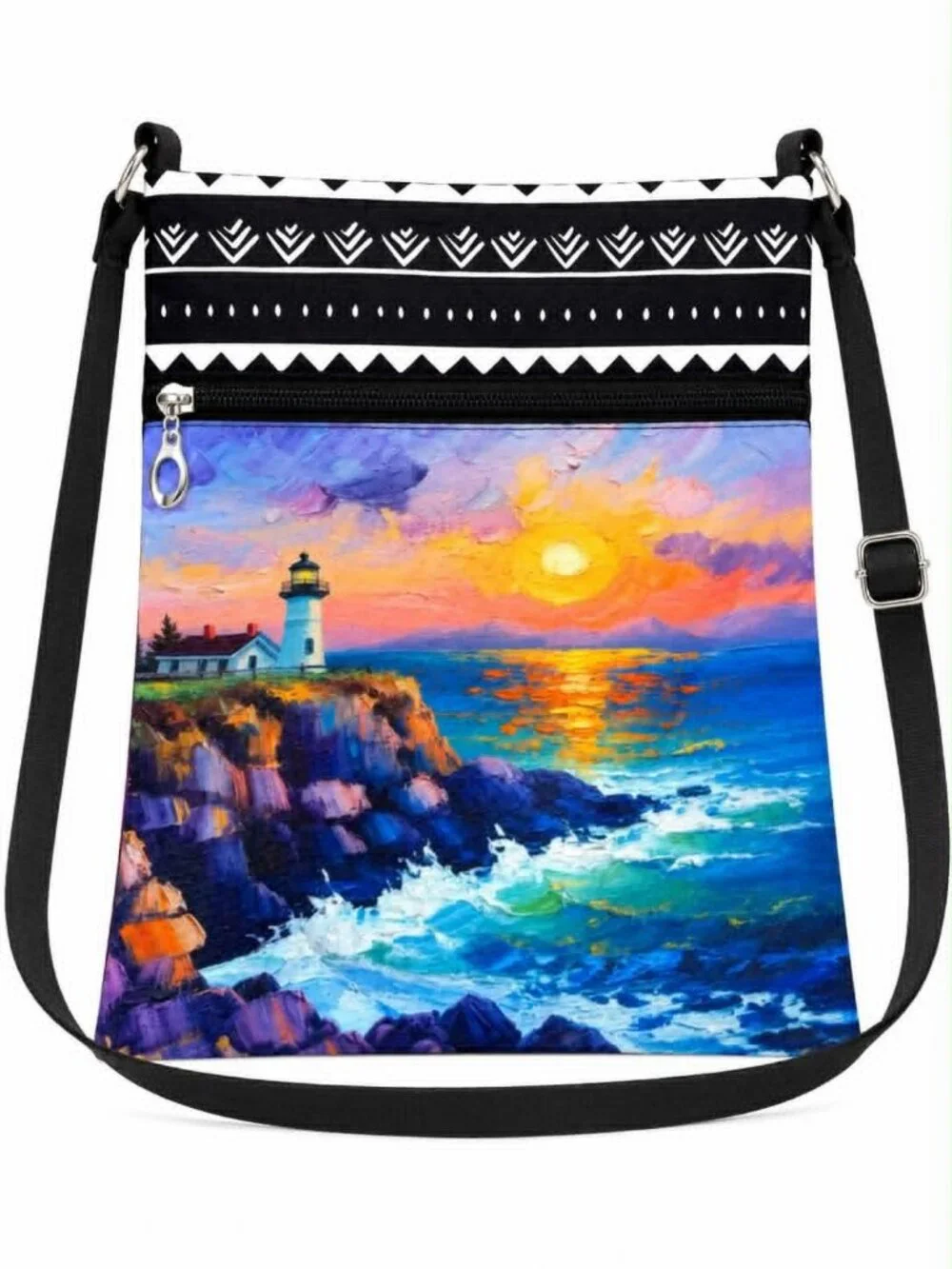 Lighthouse Sunset Ocean Crossbody Bag with Adjustable Black Strap