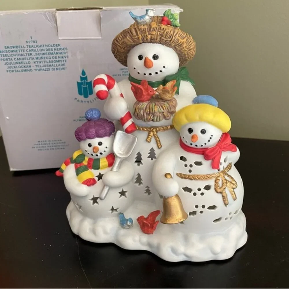 Retired Partylite P7702 Snowbell Snowman Family Ceramic Tealight Holder