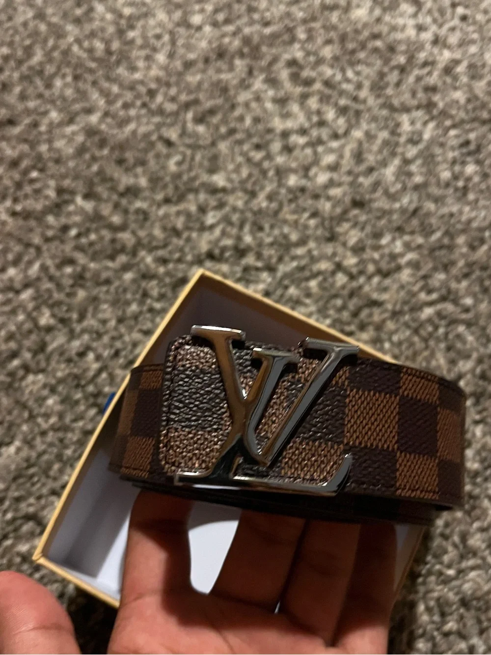 Louis Vuitton Damier Ebene Brown Leather Belt with LV Silver Buckle