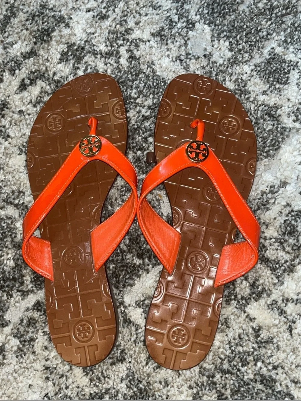 Tory Burch Brown Footbed Orange Leather Thong Sandals