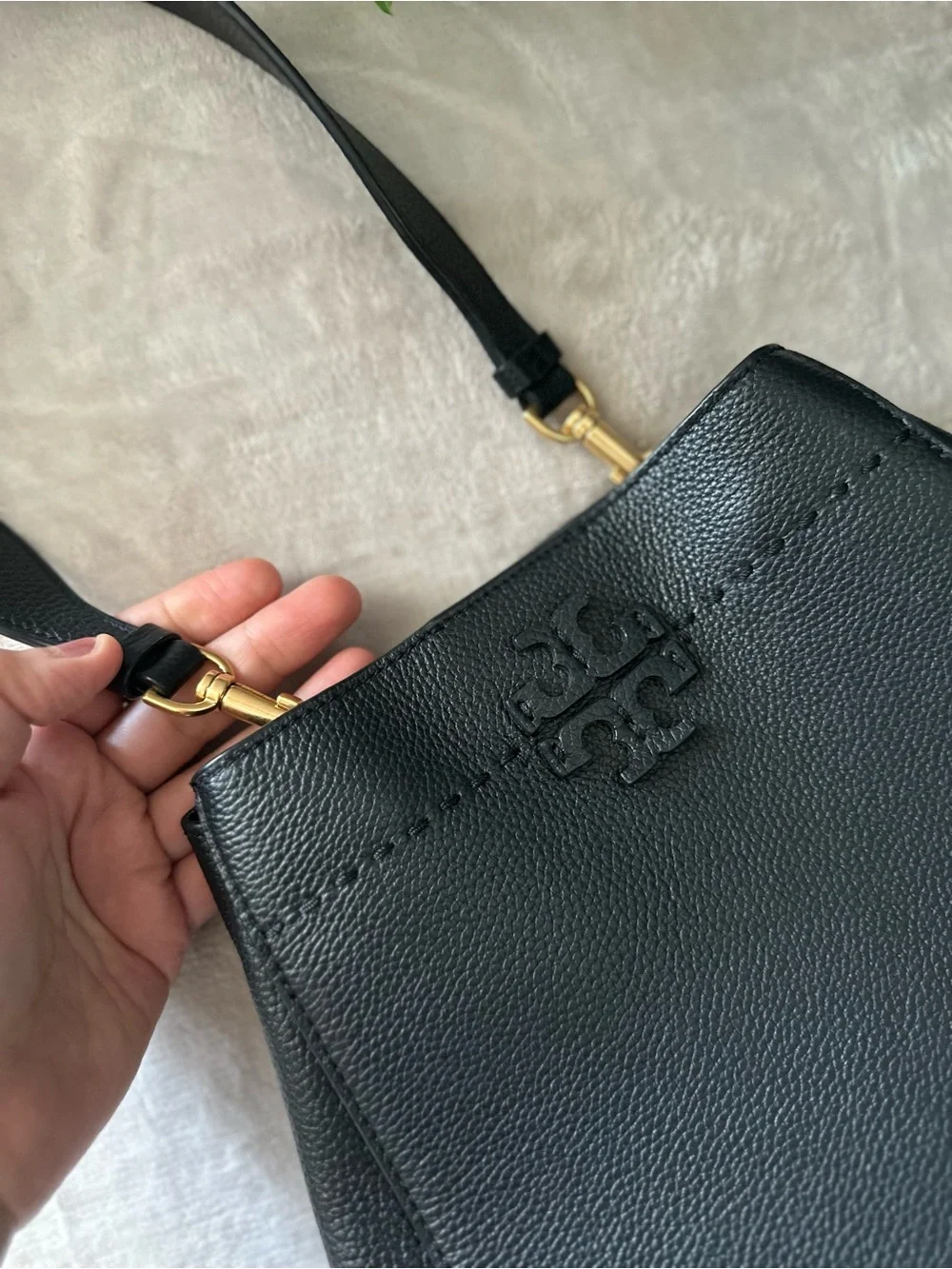 Tory Burch Black Pebbled Leather Shoulder Hobo with Logo