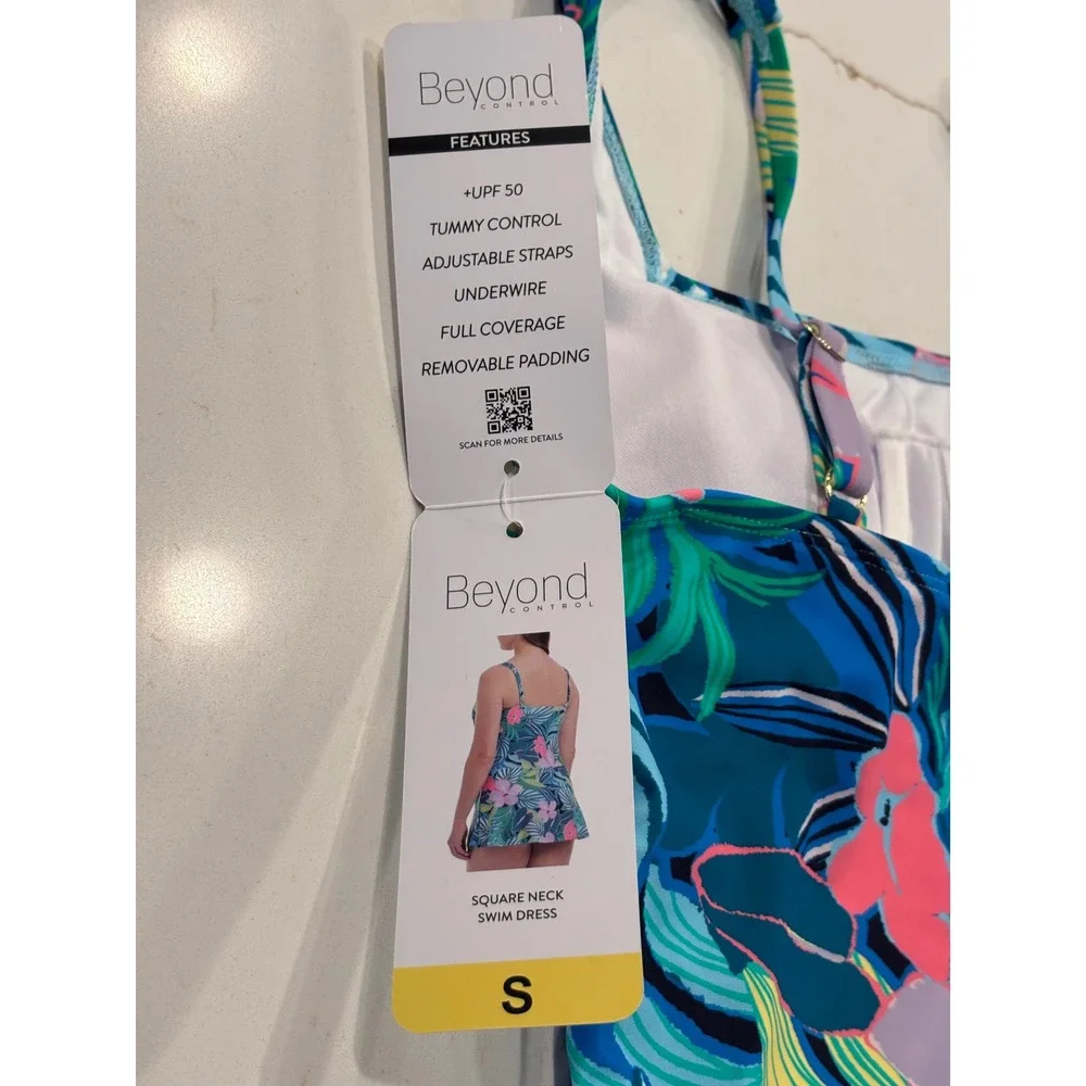 Beyond Control Size Small Square Neck Swim Dress Womens Blue Tropical Floral