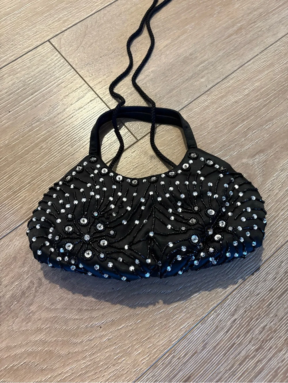 Valerie Stevens Black Beaded Evening Clutch with Crystal Accents