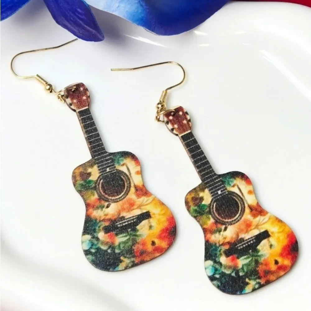 Rustic Floral Guitar Wood Dangle Earrings Boho Artist Statement Musician Gift