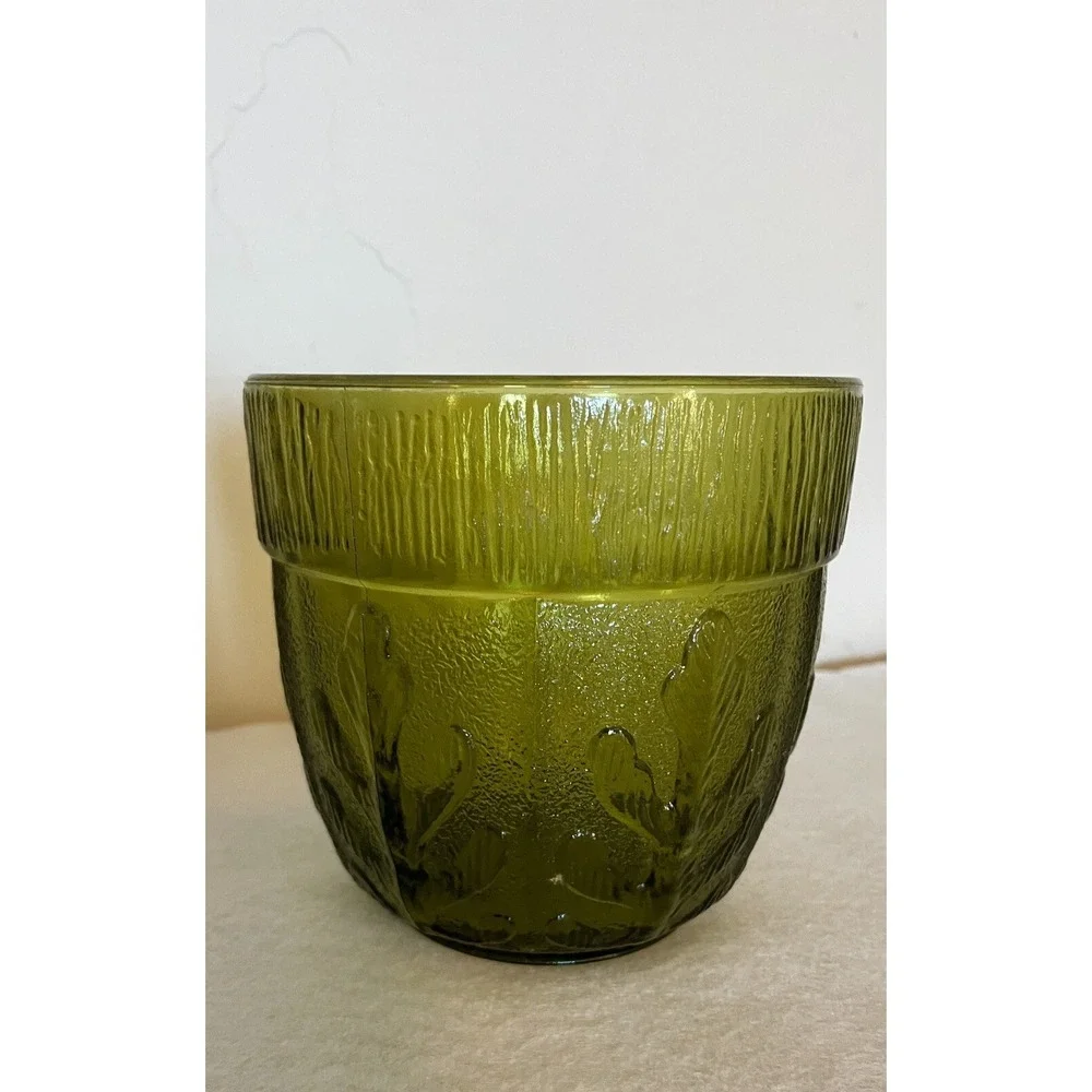 Vintage FTD 1975 Green Glass Vase Planter Embossed Oak‎ Leaf Design MCM