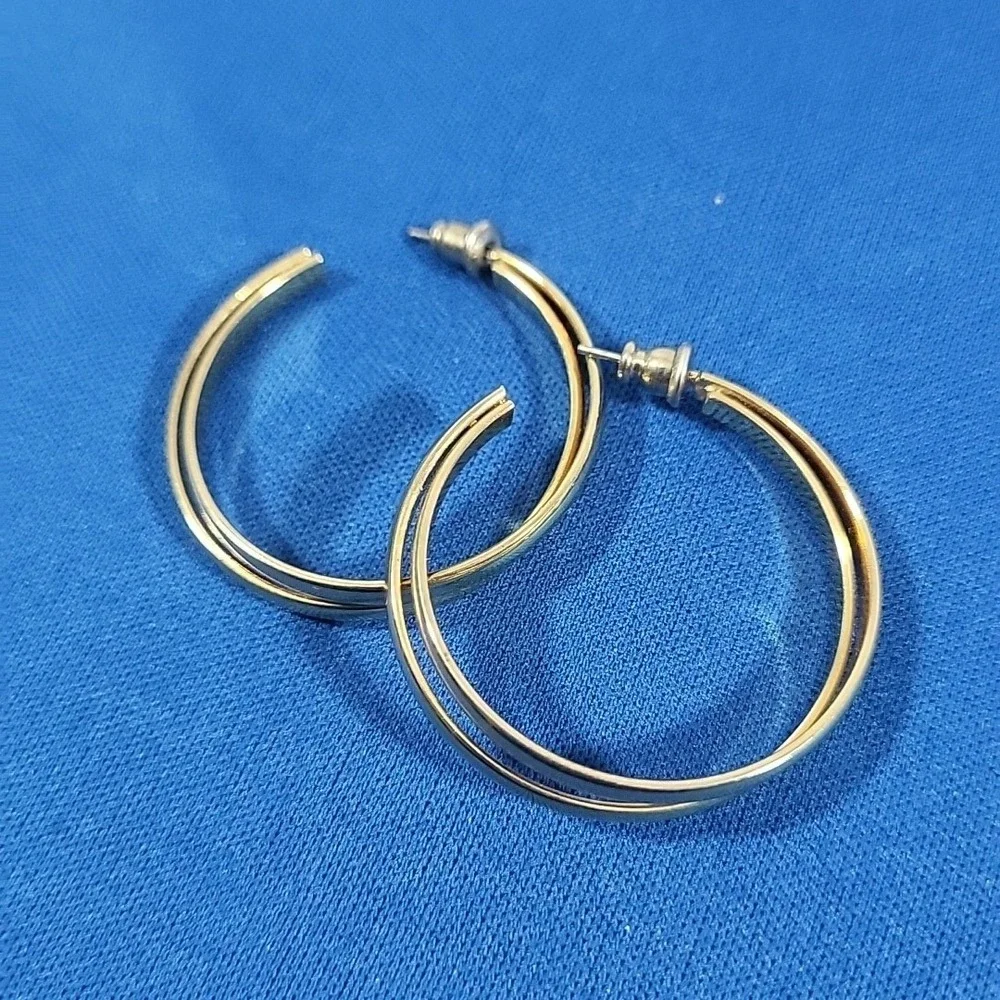 Vintage 90s Earrings Gold-Tone Double‎ Hoop Minimalist Pierced Posts