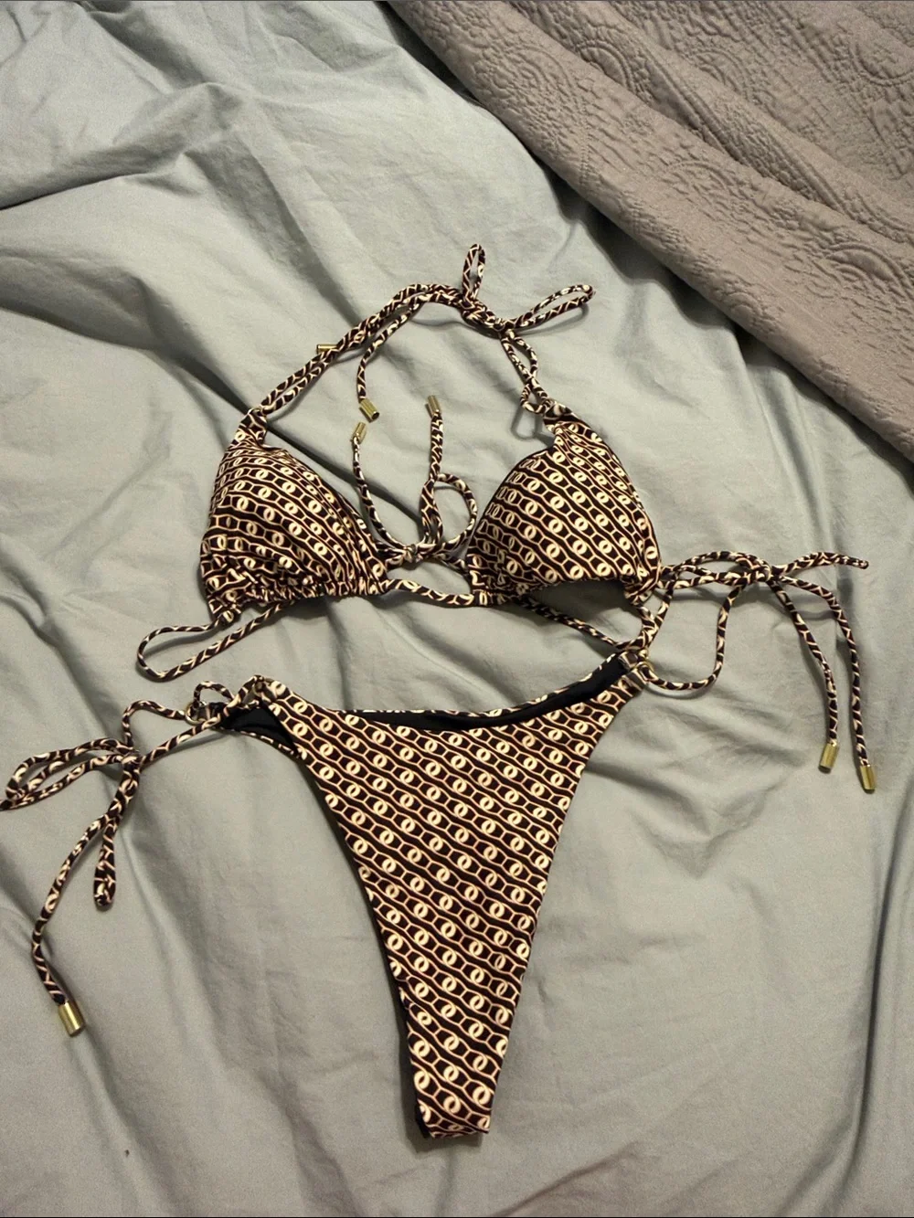 Monday Swimwear Brown and Cream Patterned Triangle Bikini