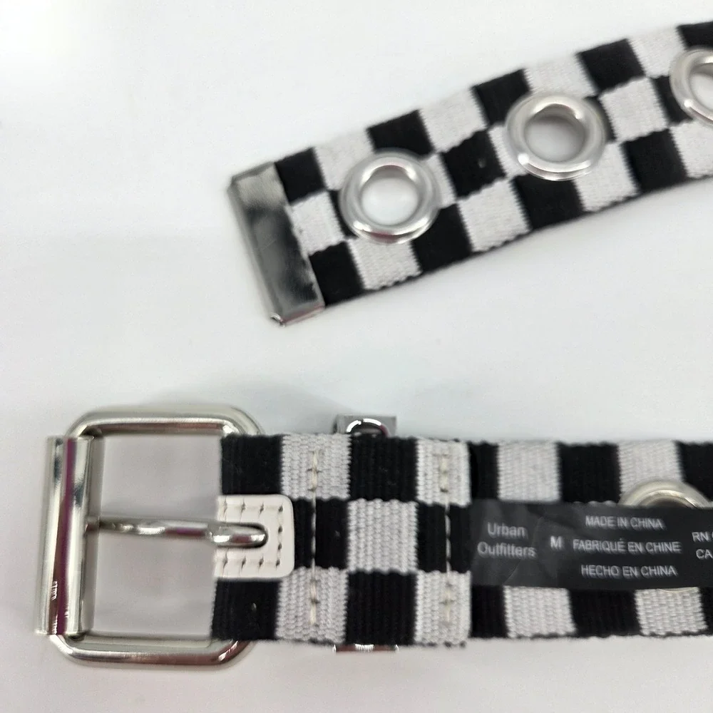 Urban Outfitters Checkerboard Grommet Belt Black White Webbed Roller Buckle M
