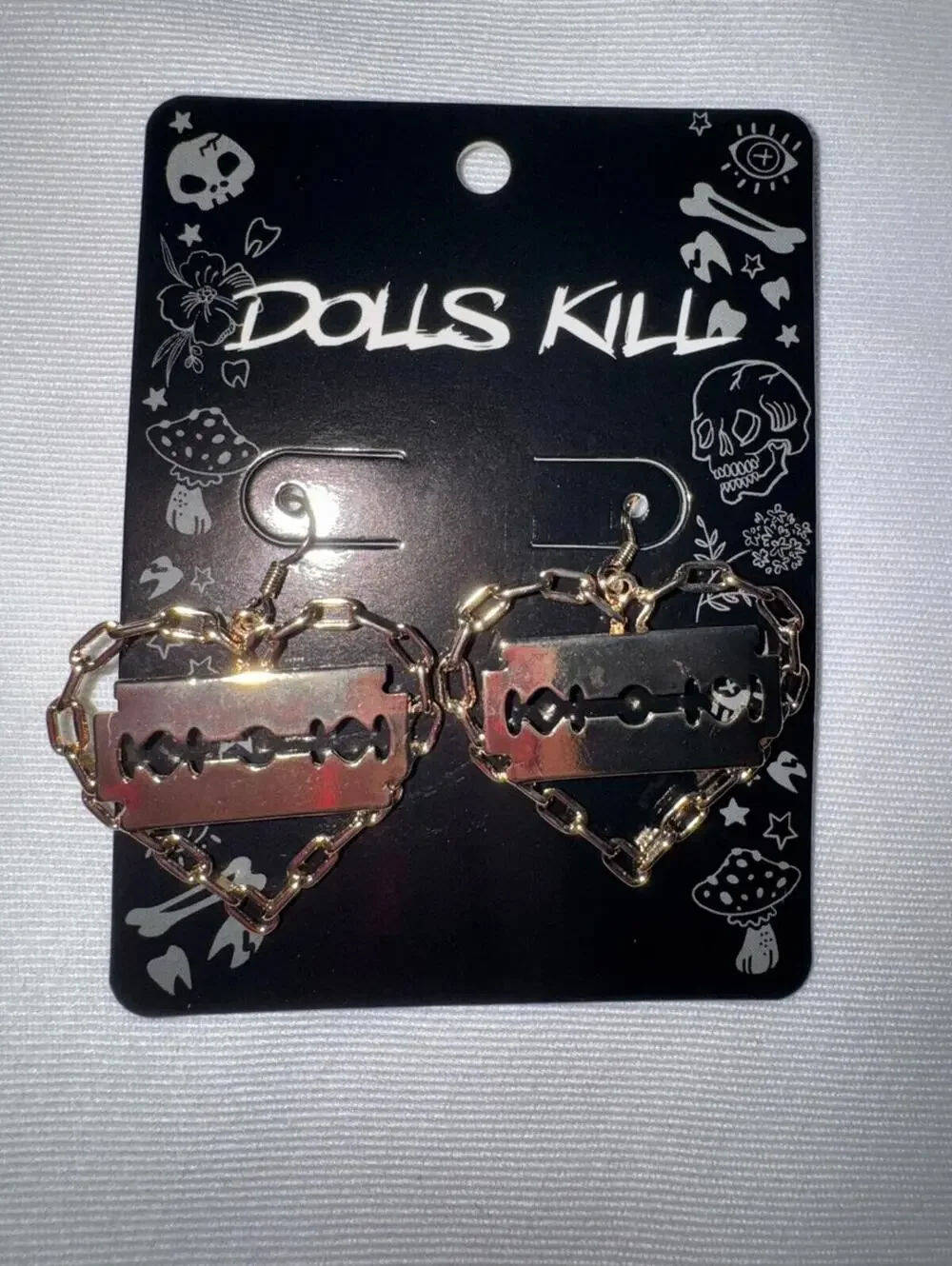 Dolls Kill Heart Chain Razor Blade Drop Earrings Gold NWT