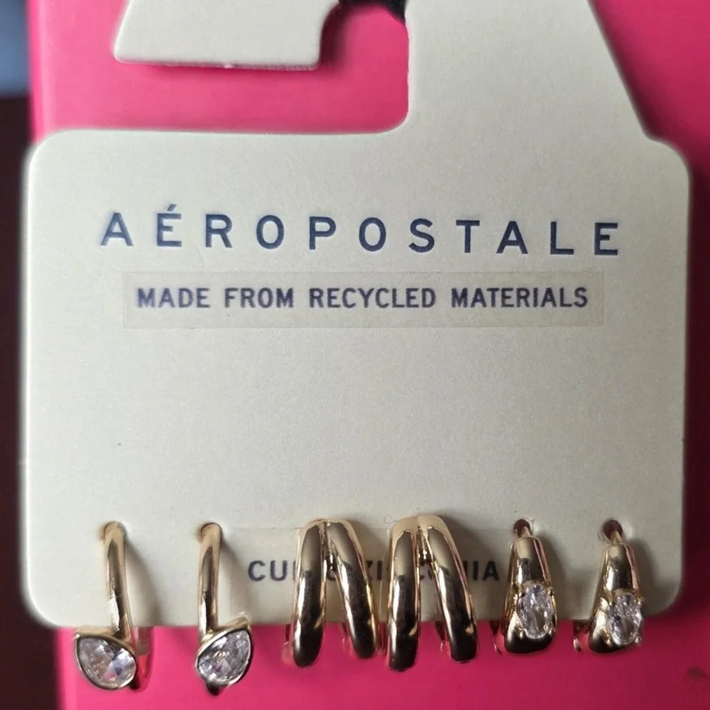 Aeropostale Gold Tone Cubic Zirconia Earring Set‎ 3 Pairs Y2K classic small