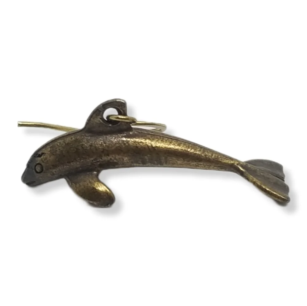 VINTAGE BRASS DOLPHIN DROP HOOK STYLE EARRINGS