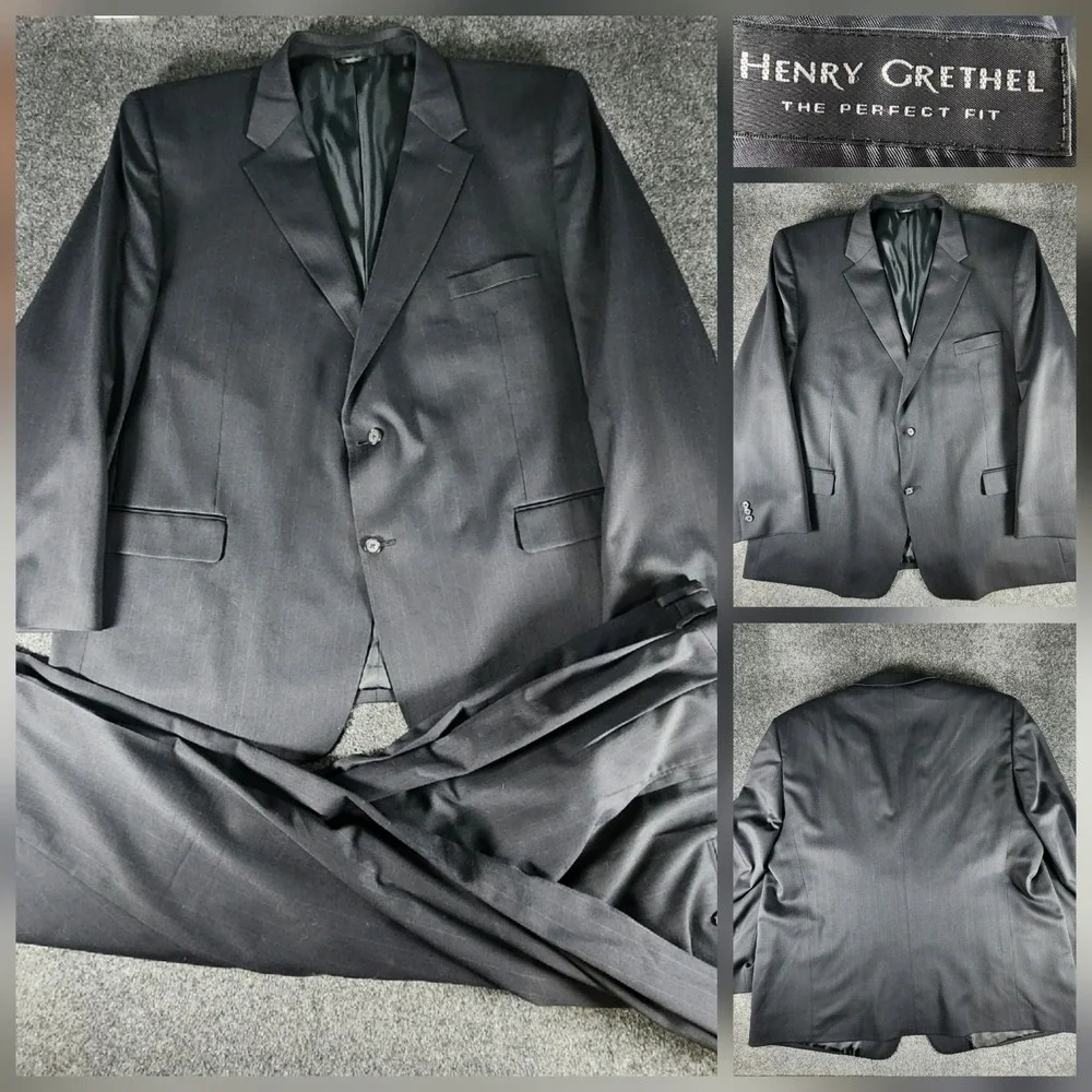 Henry Grethel 2 Piece Suit Mens 54L Pants 53X28 Navy Pin‎ Stripe Wool Blend