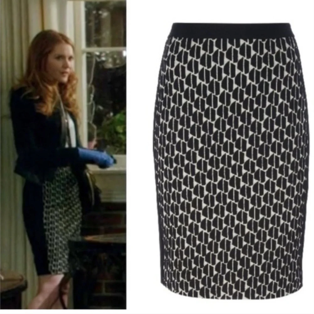 DIANE VON FURSTENBERG Alyce‎ Black and Cream Geometric WOOL BLEND PENCIL Skirt 6