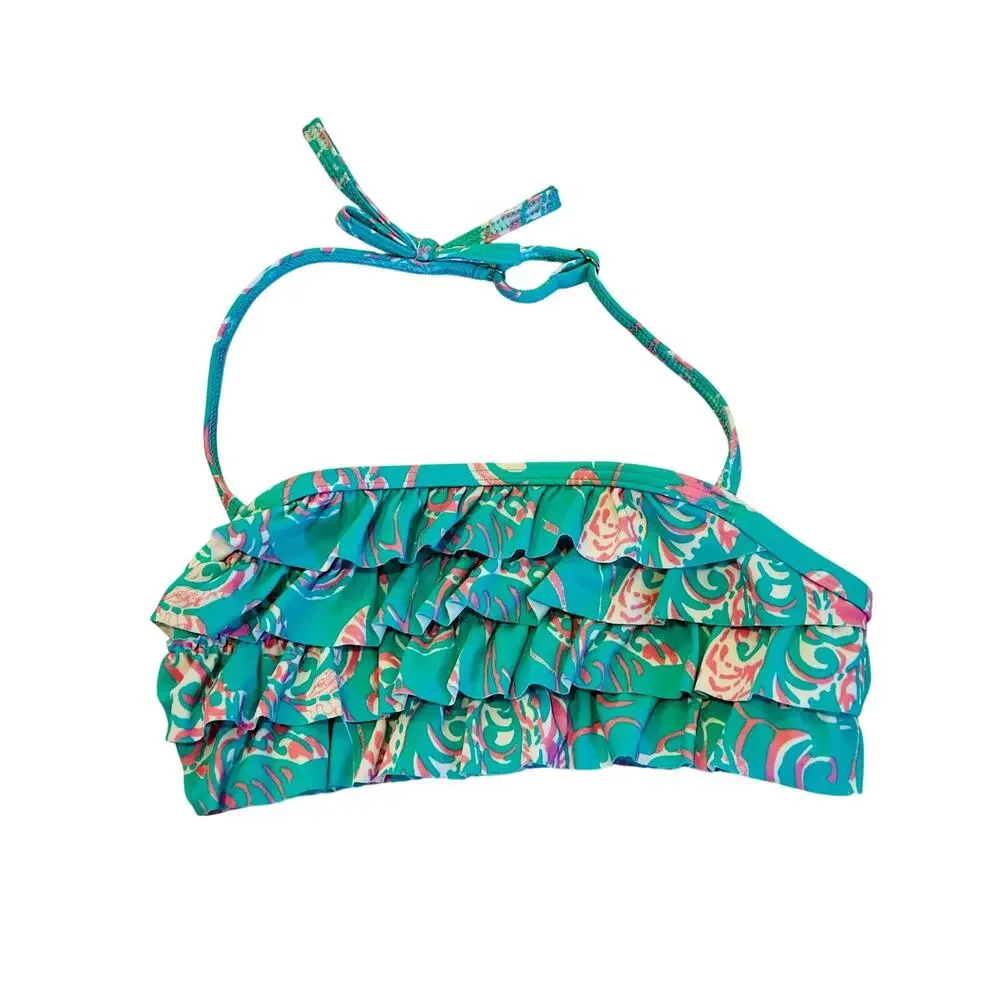 Lands’ End Flamingo Ruffle Bikini Swim Top Girls Sz 7 Aqua Pink Halter Swimsuit