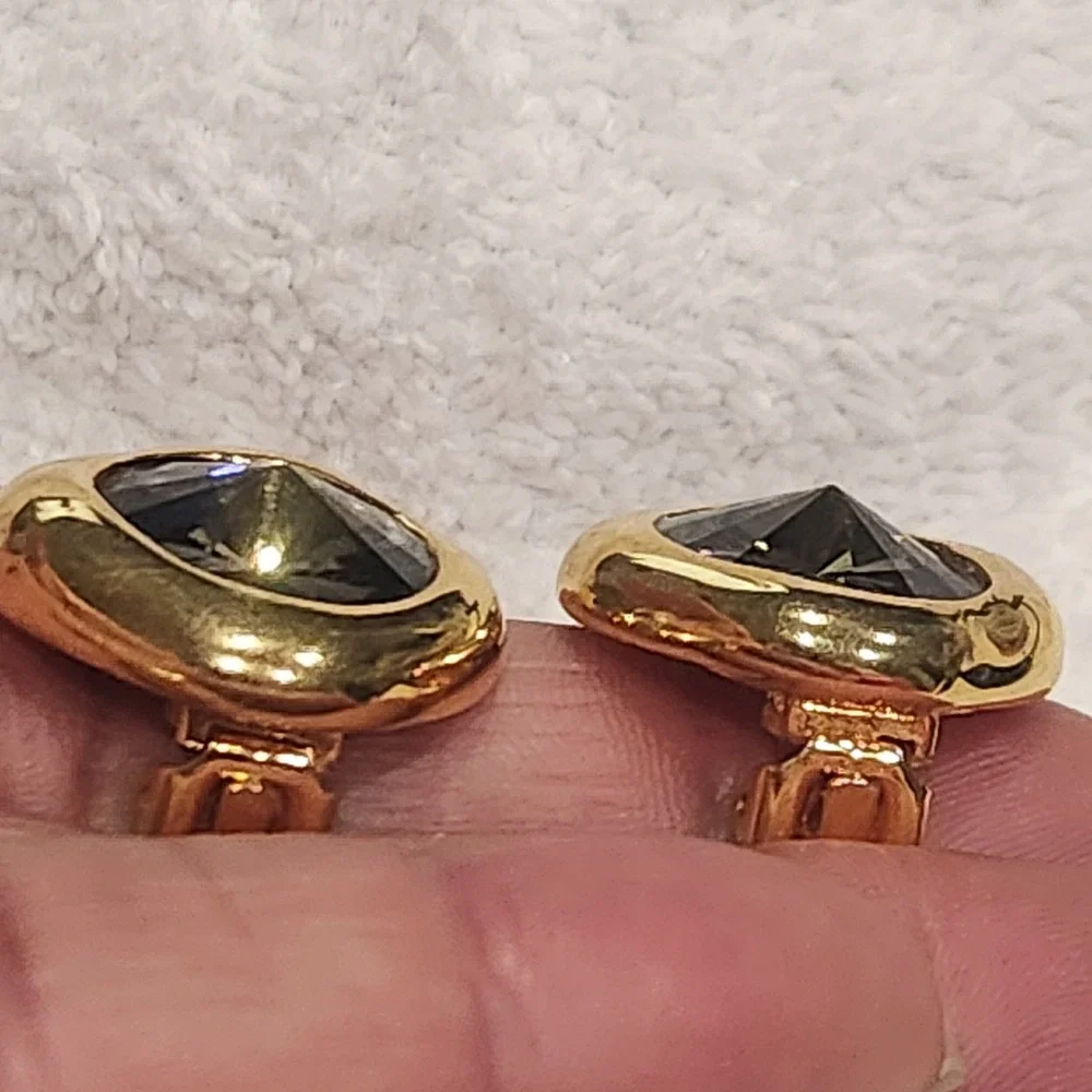 Vintage Georgiou Gold‎ Tone Smoky Brown Crystal Clip On Earrings Chunky Square