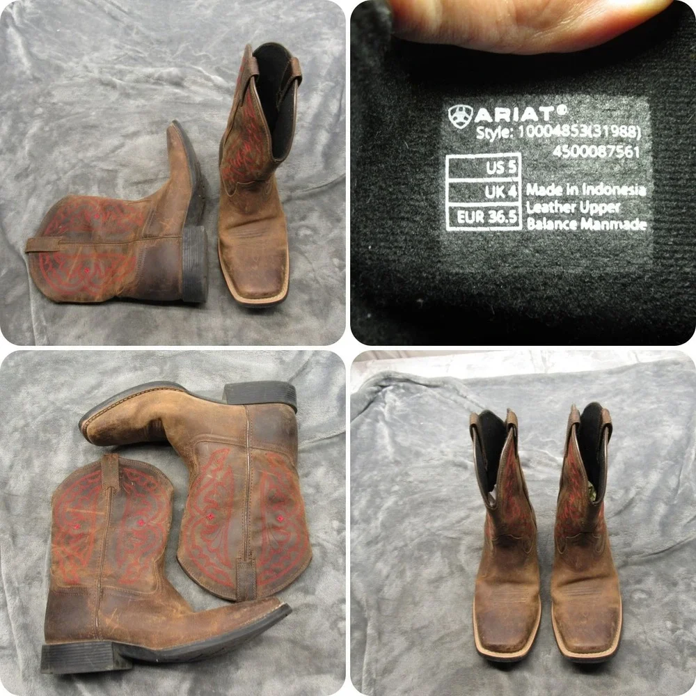 Ariat Women Boots 5 Brown Leather Western Cowboy Rodeo Square Toe Red Embroidery