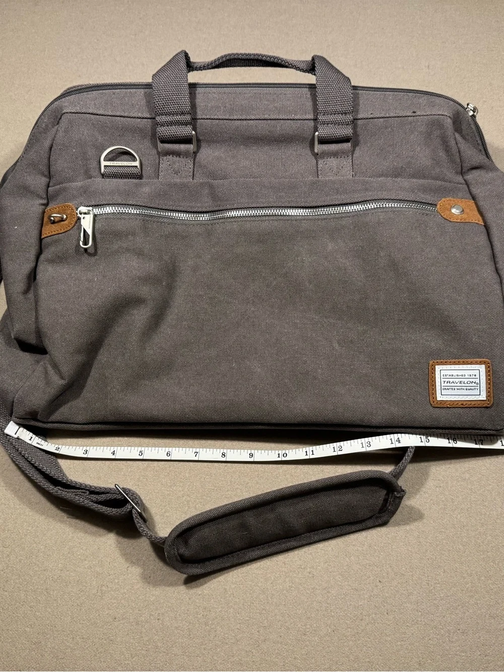 Travelon Charcoal Canvas Laptop Briefcase with Brown Trim anti theft