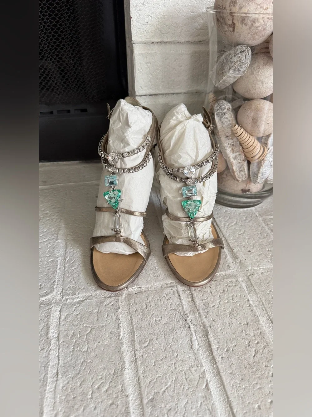 Giuseppe Zanotti Jewel Crystal Sandals Champagne Leather Heels EU 37
