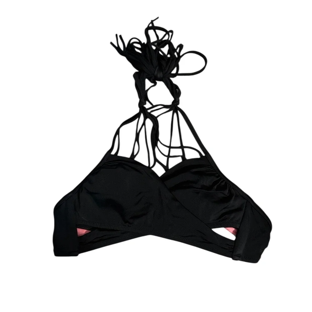 Victorias‎ Secret PINK Black Wrap Halter Bikini Top Strappy Cutout XS