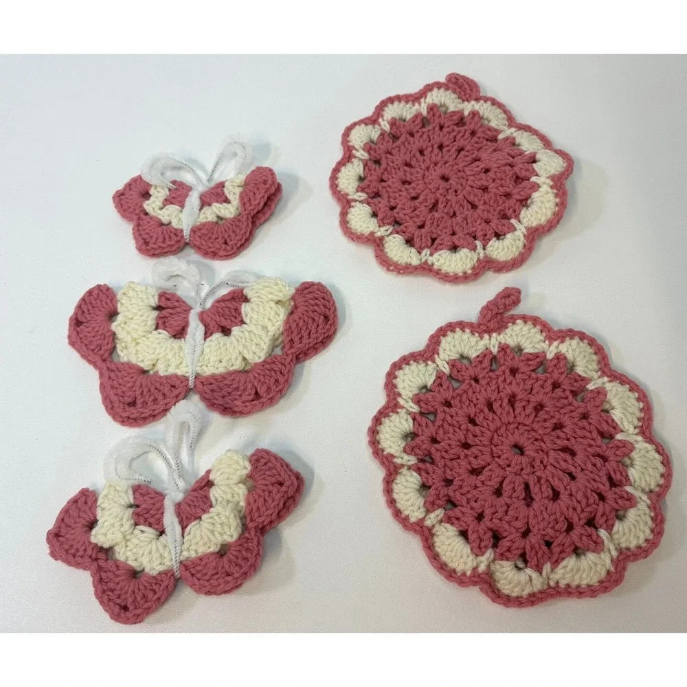 VTG Lot 5 Crochet Doily Doilies Butterfly‎ Magnets Pink Cottage Core Handmade