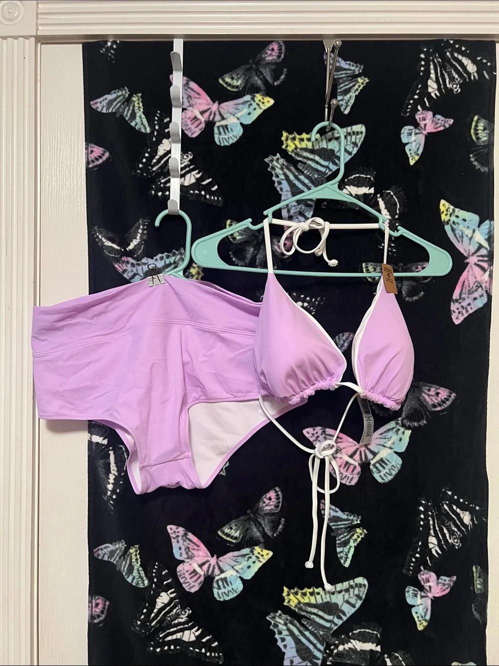 PINK vs lavender bikini with pastel butterfly towel