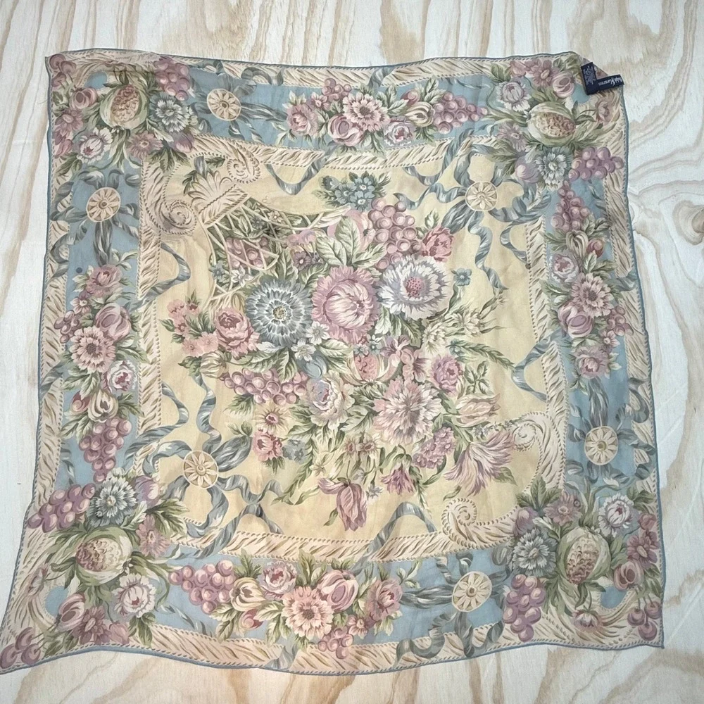 Ralph Lauren Silk Square Scarf Blue Pink Floral Fruit Garden Made in Japan 34in