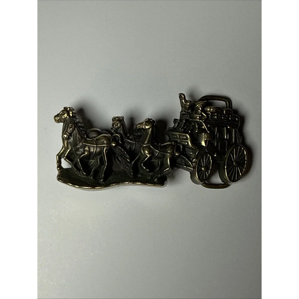Vintage Baron's Brass Belt Buckle w/ Stagecoach & Horses 1979 3.75 Inches