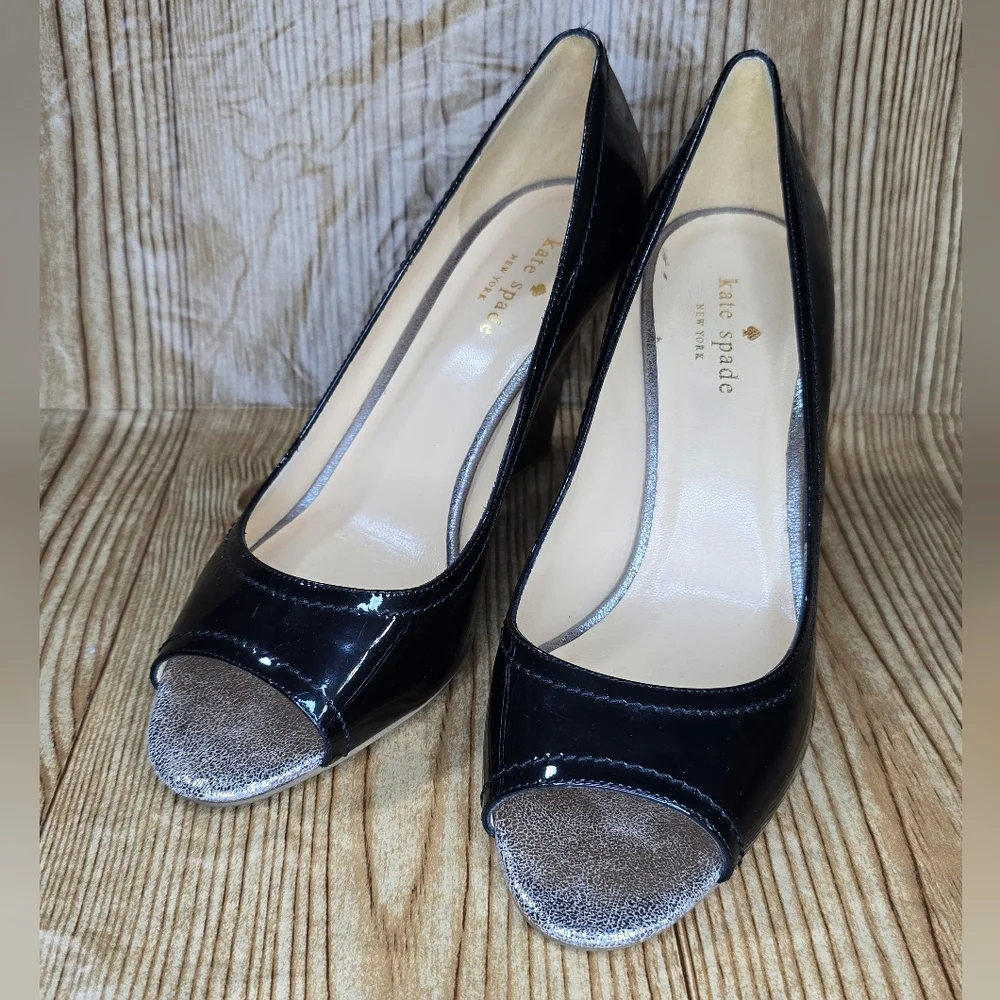 Kate Spade Black Patent‎ Leather Peep Toe Heels Size 8