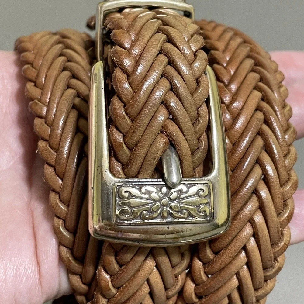 Vintage Leather Braided Belt Silver Hardware Brown Women's‎ Adjustable 90s Woven